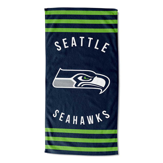 Seattle Seahawks Stripes Beach Towel: 30" x 60" cotton-poly blend with team colors & graphics. Official NFL gear by The Northwest Group.