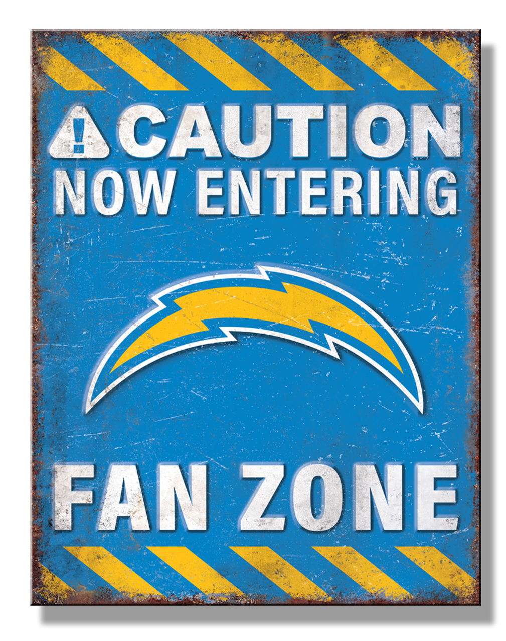 Los Angeles Chargers Fan Zone tin sign, 16x12.5 inches, team graphics and colors, made in the USA, durable tin.