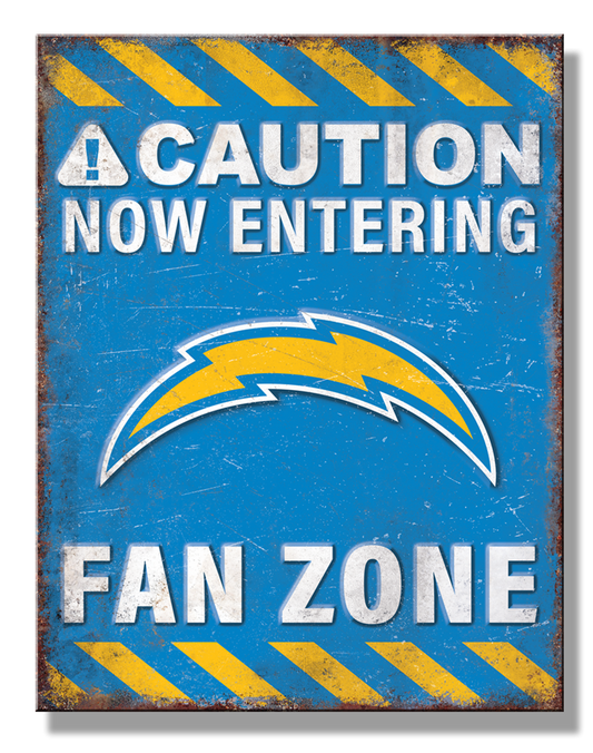 Los Angeles Chargers Fan Zone tin sign, 16x12.5 inches, team graphics and colors, made in the USA, durable tin.