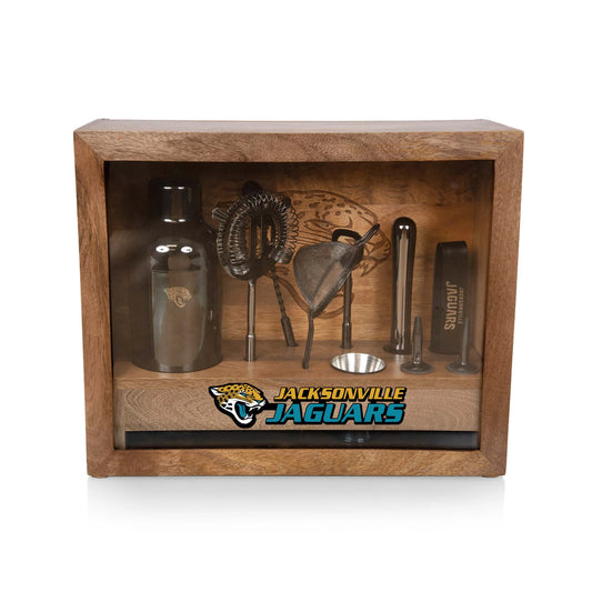 Jacksonville Jaguars Old Fashioned bar set with black stainless tools, mango wood glass case, logo bar mat, NFL