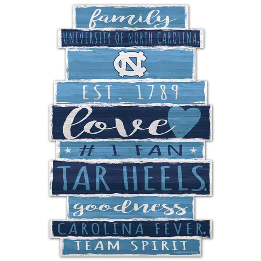 North Carolina Tar Heels Family Word Design 11x17 wood sign with Carolina blue and white NCAA graphics.