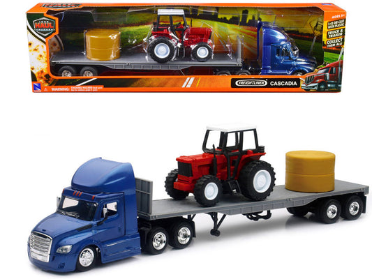 Freightliner Cascadia with Flatbed Trailer Blue with Farm Tractor Red and Hay Bales "Long Haul Trucker" Series 1/43 Diecast Model by New Ray