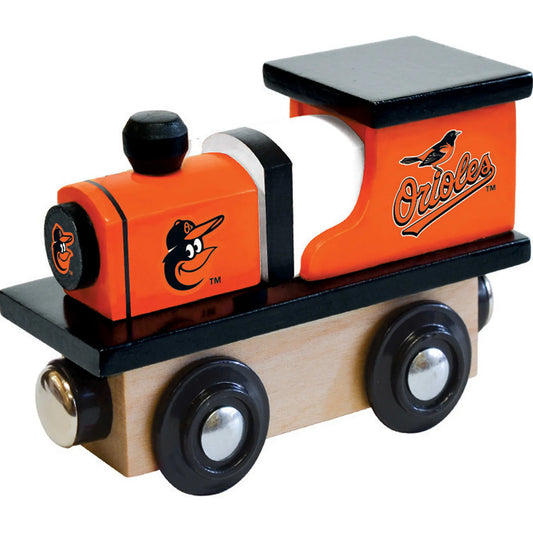 "Baltimore Orioles Wooden Toy Train Engine by Masterpieces, featuring team logo and colors. Made of wood, designed for children and collectors, officially licensed."