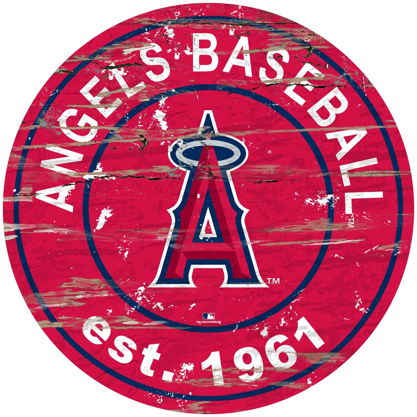 Los Angeles Angels distressed round sign, 24" diameter. Features team graphics & established date. Indoor use only. Officially licensed.