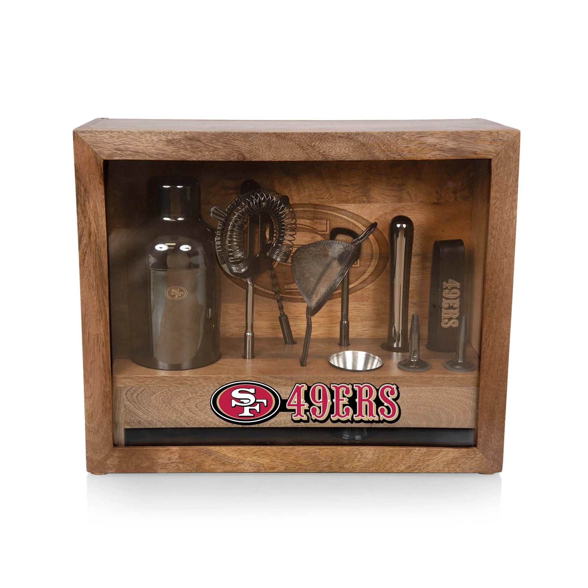 San Francisco 49ers old fashioned bar set with stainless tools, mango wood case, glass sides, and team logo bar mat.