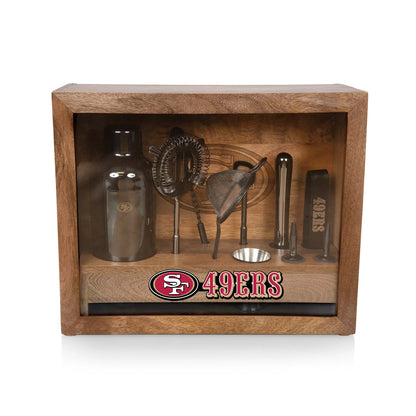 San Francisco 49ers old fashioned bar set with stainless tools, mango wood case, glass sides, and team logo bar mat.