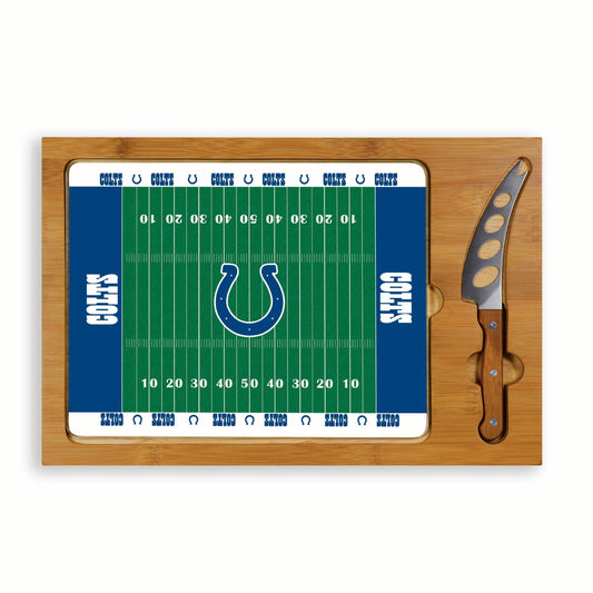 Indianapolis Colts Icon Glass Top Cutting Board & Knife Set with bamboo base and stainless steel knife