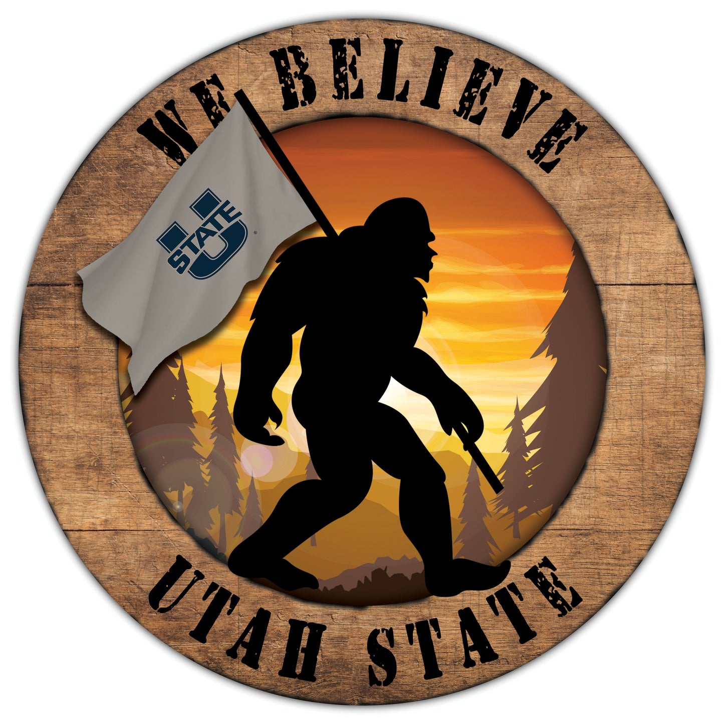 Utah State Aggies We Believe Bigfoot 12" Round Distressed Wooden Sign by Fan Creations