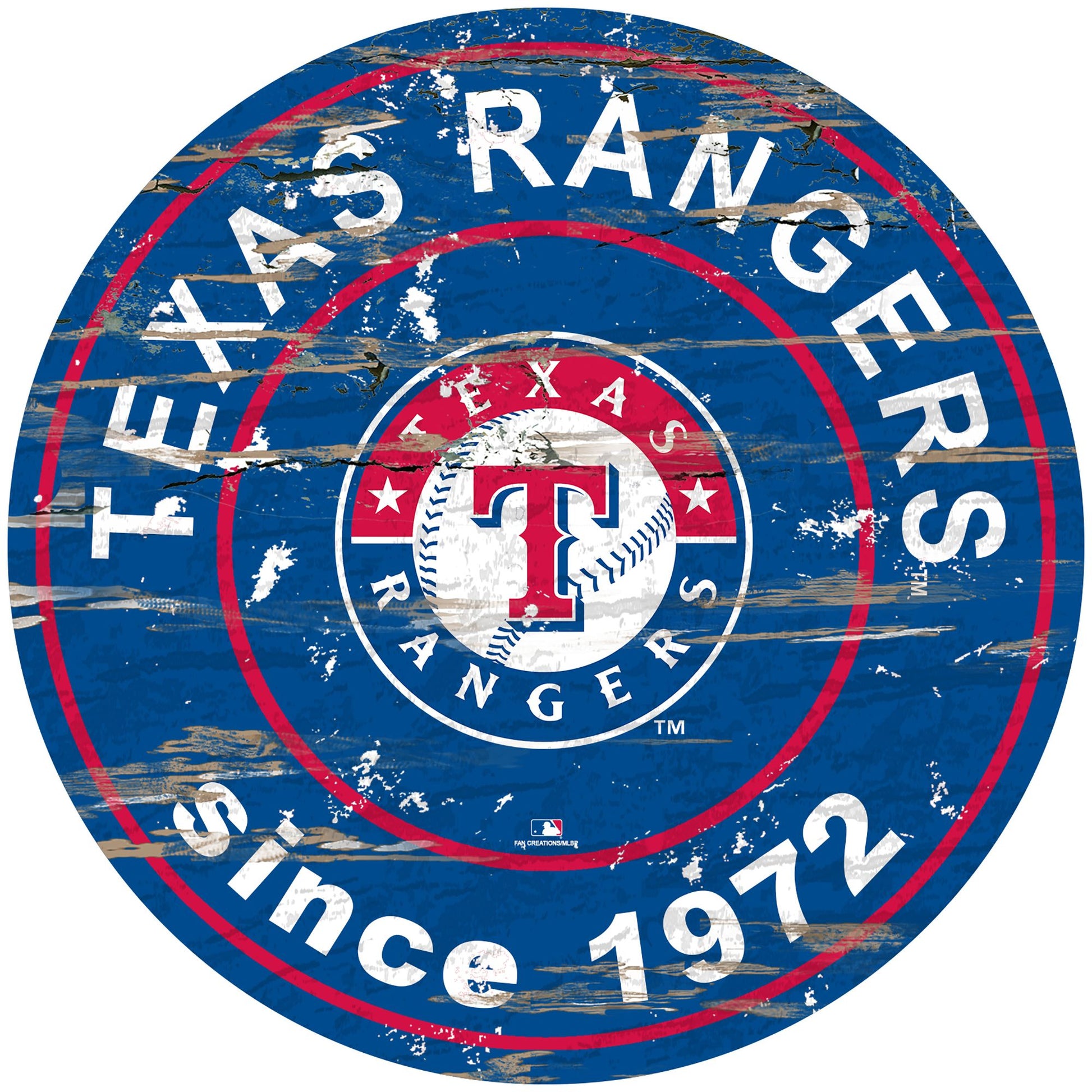 Texas Rangers distressed round sign, 24" diameter. Features team graphics & established date. Indoor use only. Officially licensed.