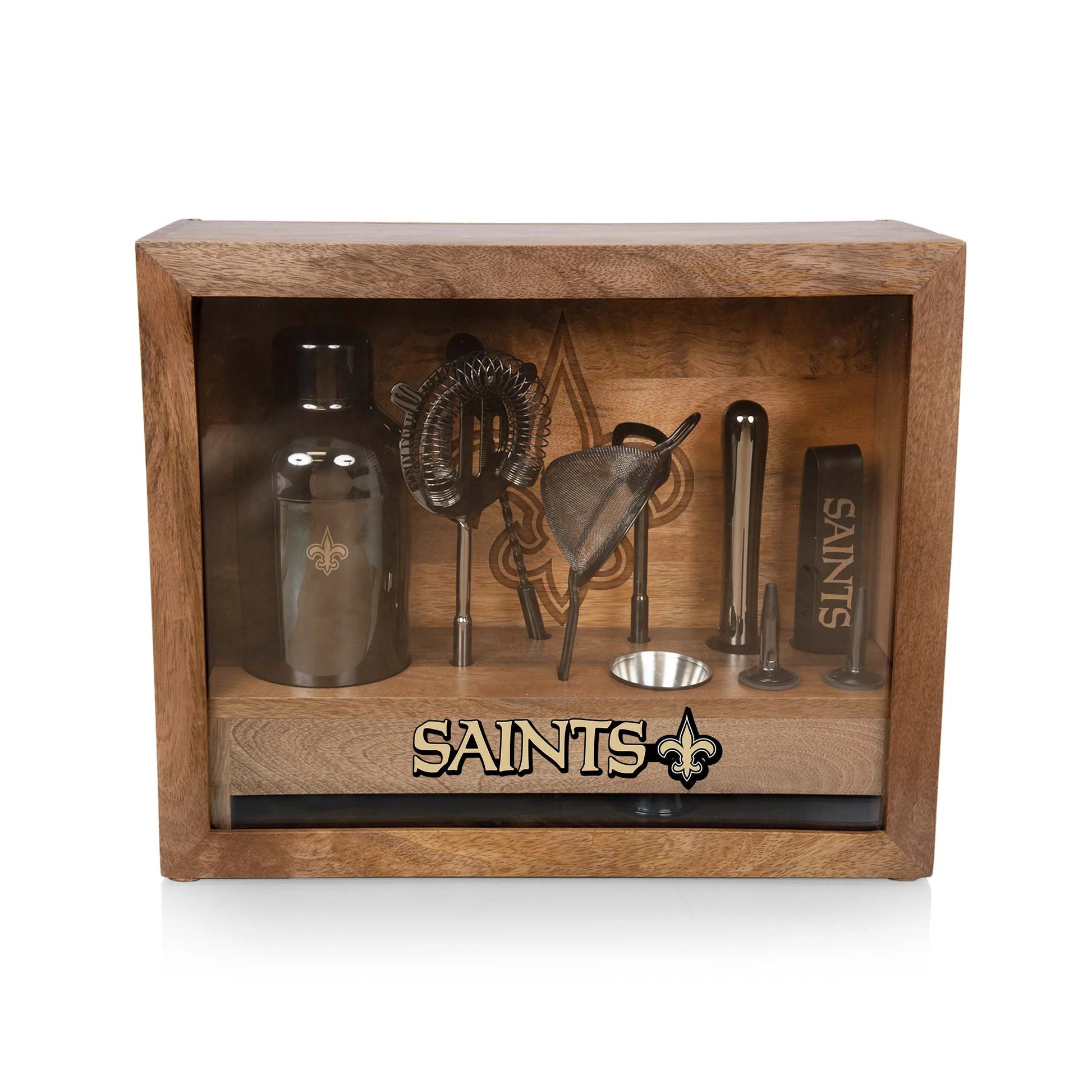 New Orleans Saints Old Fashioned Bar Set with stainless steel tools and mango wood base by Legacy.