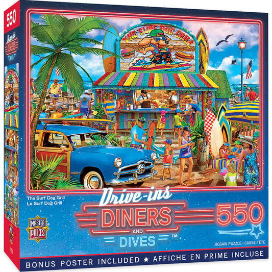 Surf Dog Grill Puzzle: 550 pieces, 24" x 18". Lew Johnson's art by Masterpieces. Classic American diners and drive-ins captured in a perfect puzzle!