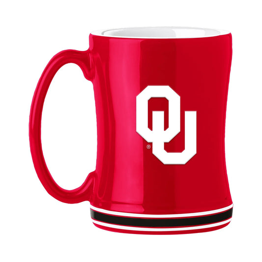 "14oz. Oklahoma Sooners coffee mug featuring team colors and logo, perfect for fans to enjoy their favorite beverages while supporting their team."