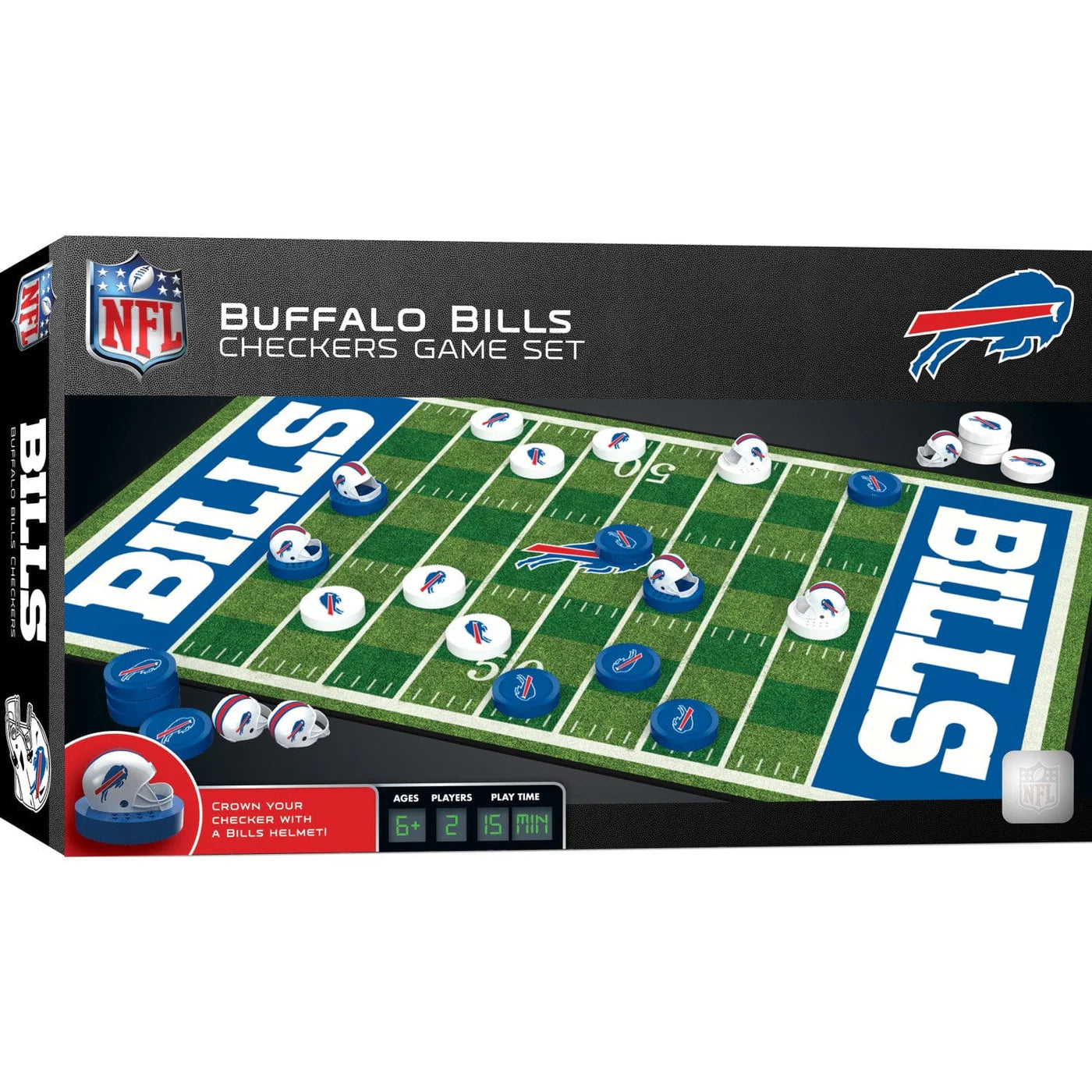 Buffalo Bills NFL Checkers game with team pieces, helmet kings, and Bills themed board for fans.