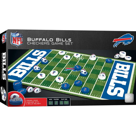 Buffalo Bills NFL Checkers game with team pieces, helmet kings, and Bills themed board for fans.