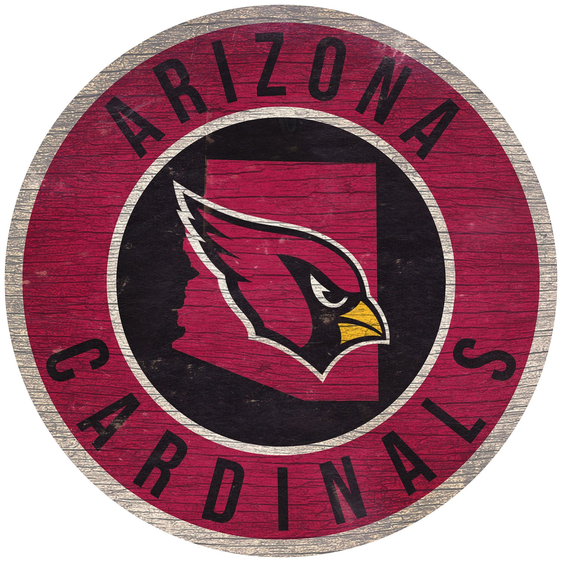 "Arizona Cardinals NFL distressed sign, 12x12, with team colors, graphics, and state outline."