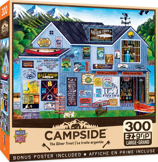 Campside puzzle: 300 pieces, 18" x 24". Illustration of campground store and furry friends by Gail Fraser. Eco-friendly chipboard