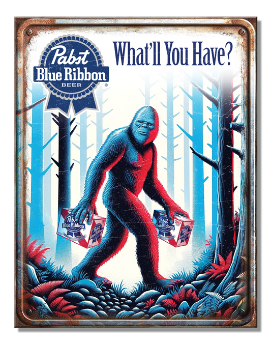 Pabst Bigfoot Metal Tin Sign, 16"x12.5" with rolled edges, baked-on ink, scratch-resistant, multi-colored, made in the USA.