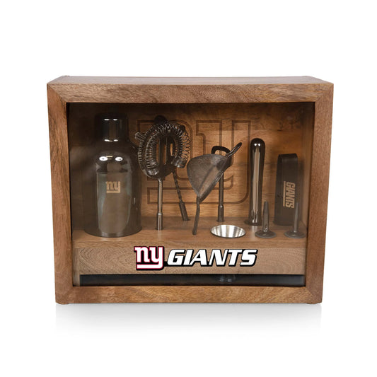 New York Giants Old Fashioned bar set, black stainless tools, mango wood case, logoed bar mat, official NFL