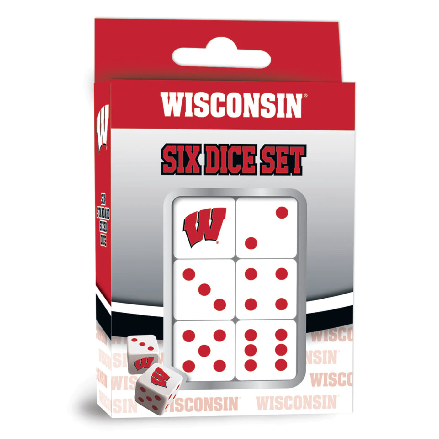 Wisconsin Badgers Dice Set: 6 standard dice with team logos and colors, perfect for games and showing Badgers spirit.