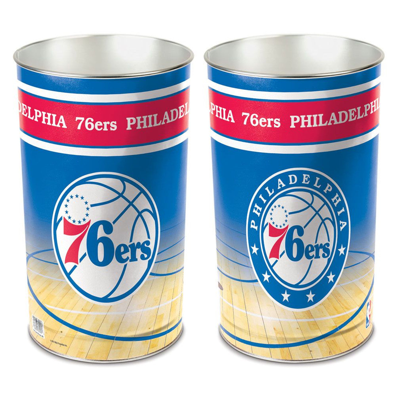 Philadelphia 76ers metal trash can with bold team logo and colors, perfect for fan spaces.