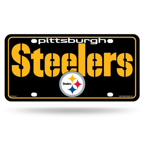 Pittsburgh Steelers large wordmark metal license plate, 6x12 inches, team colors, officially NFL licensed, by Rico Industries