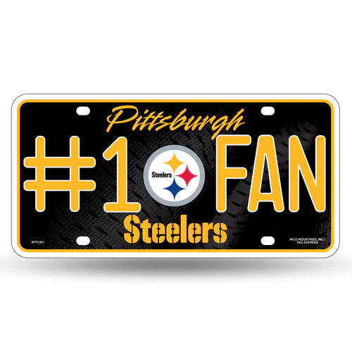  Steelers #1 Fan Metal Auto License Plate: 6"x12" in team colors graphics. Durable metal, NFL officially licensed. Make your car a Steelers beacon! 