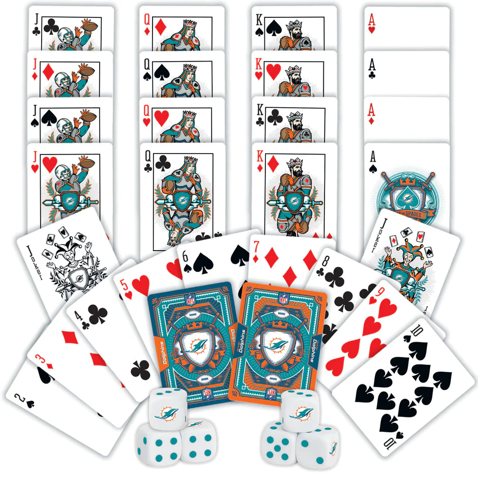 Miami Dolphins 2-Pack Playing Cards & Dice Set. Team-themed decks, 52 cards, 2 jokers. 5 dice. Official NFL licensed by Masterpieces.