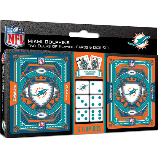 Miami Dolphins 2-Pack Playing Cards & Dice Set. Team-themed decks, 52 cards, 2 jokers. 5 dice. Official NFL licensed by Masterpieces.