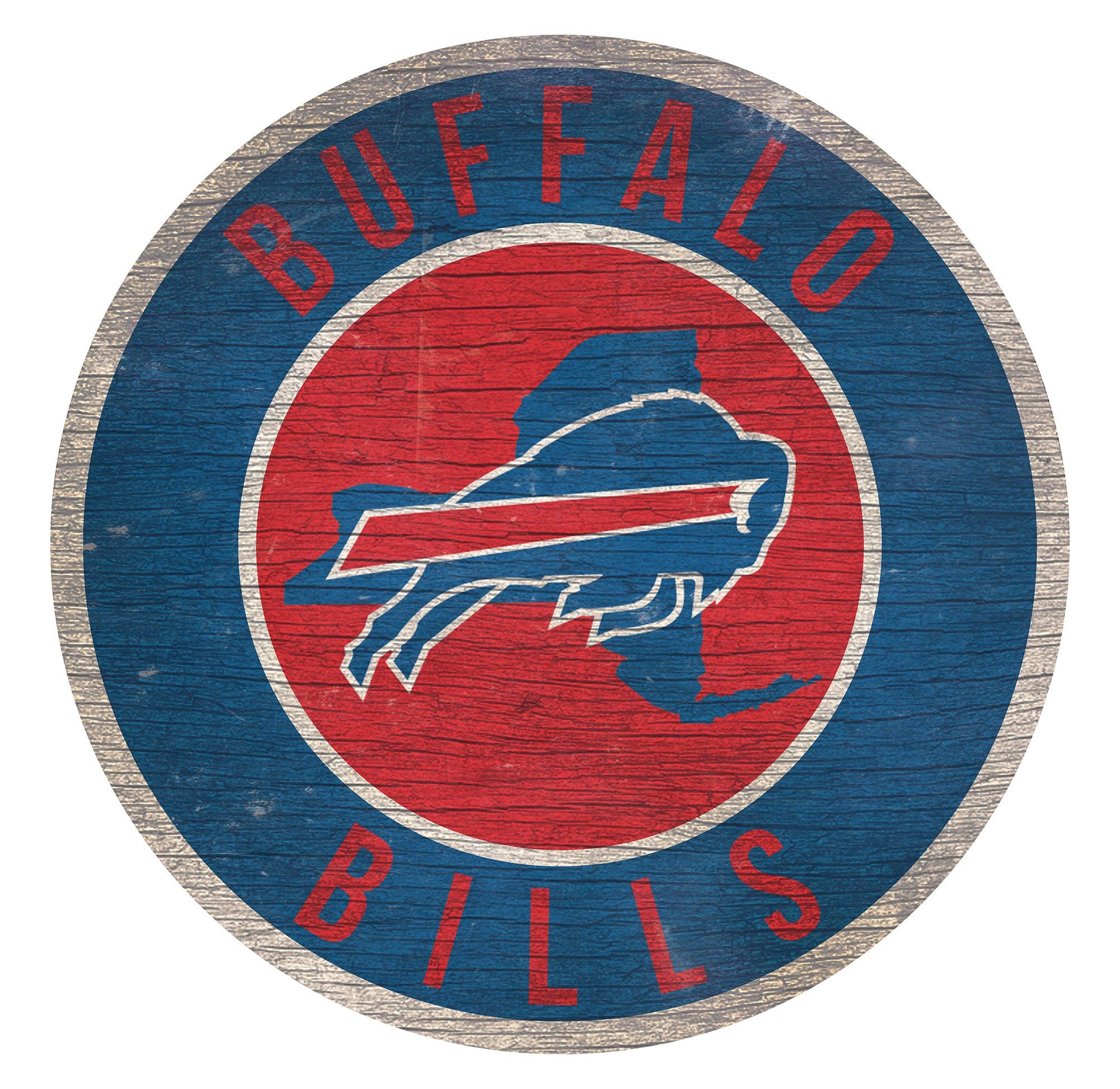 Buffalo Bills 12" Round Distressed Sign with state outline, featuring team colors and logo. Made in USA, officially licensed.