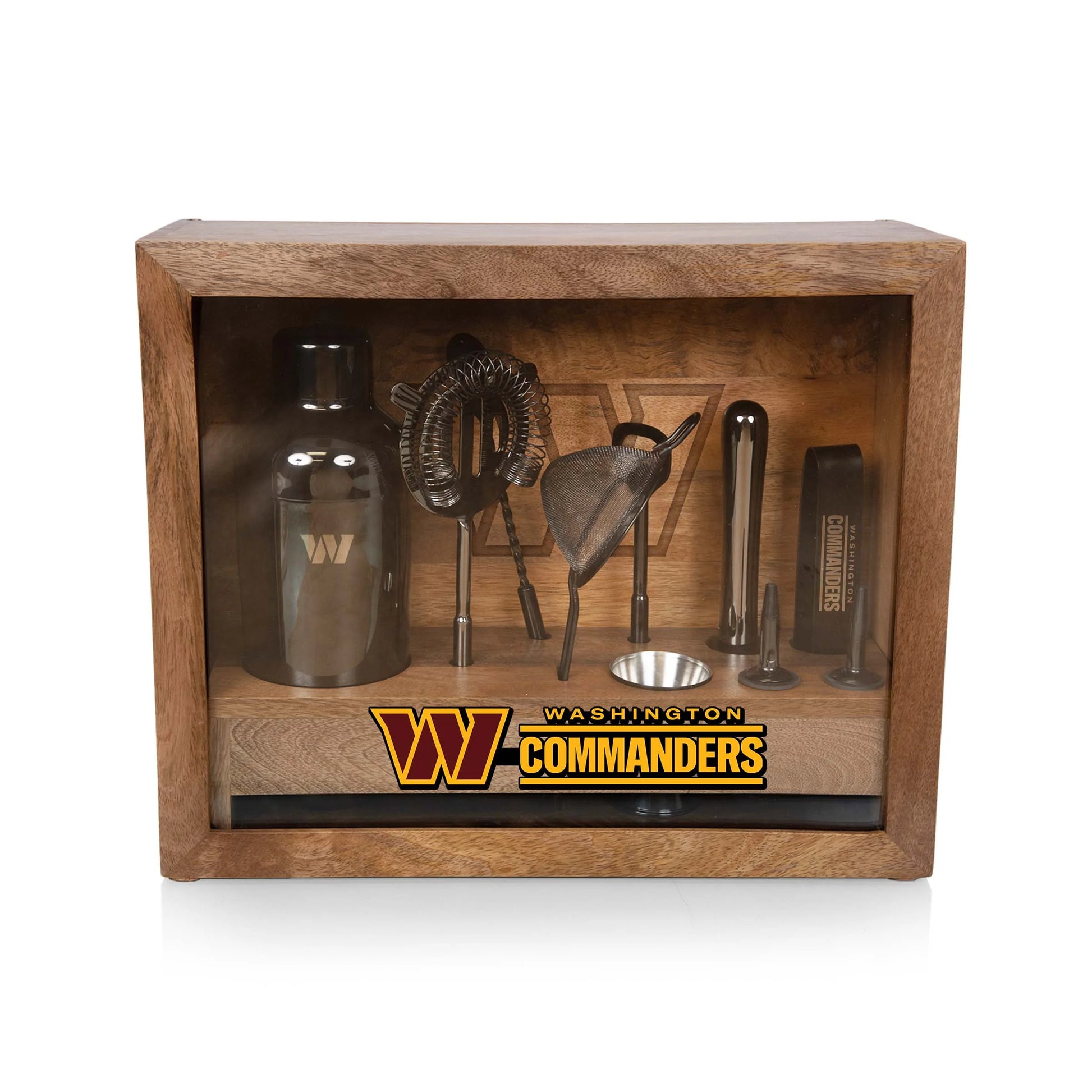 Washington Commanders Old Fashioned bar set with black stainless tools, mango wood case, logoed bar mat, NFL