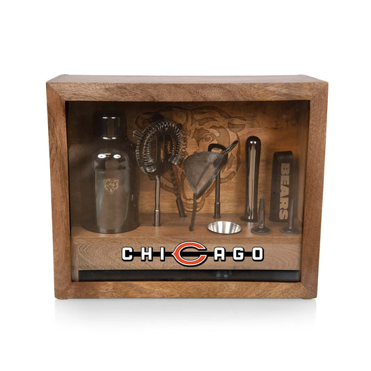 Chicago Bears Old Fashioned Bar Set with stainless tools, mango wood case, glass sides, and logoed bar mat.
