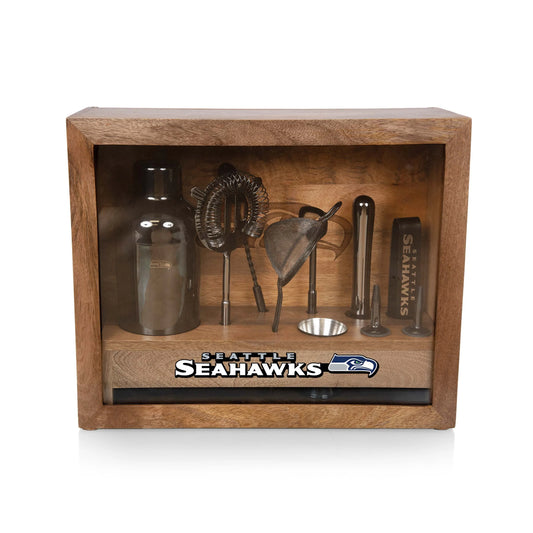 Seattle Seahawks Old Fashioned Bar Set with stainless steel tools, mango wood case, glass sides, and Seahawks logoed bar mat.