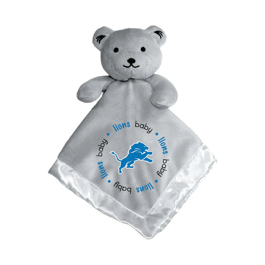 Gray security bear with embroidered Detroit Lions logo, soft pile top, satin underside, plush head and arms, 14"x14"