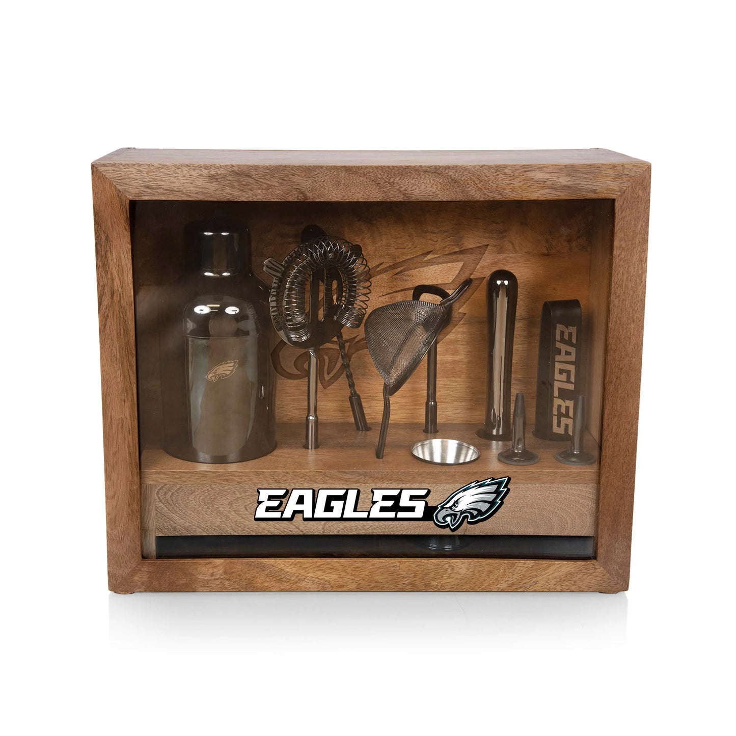 Philadelphia Eagles Old Fashioned Bar Set with stainless steel tools, mango wood case, glass sides, and logoed mat.
