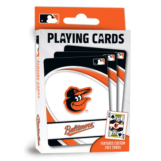 "Baltimore Orioles Playing Cards by Masterpieces, featuring team logos and colors. Standard deck size, designed for fans and card game enthusiasts, officially licensed."