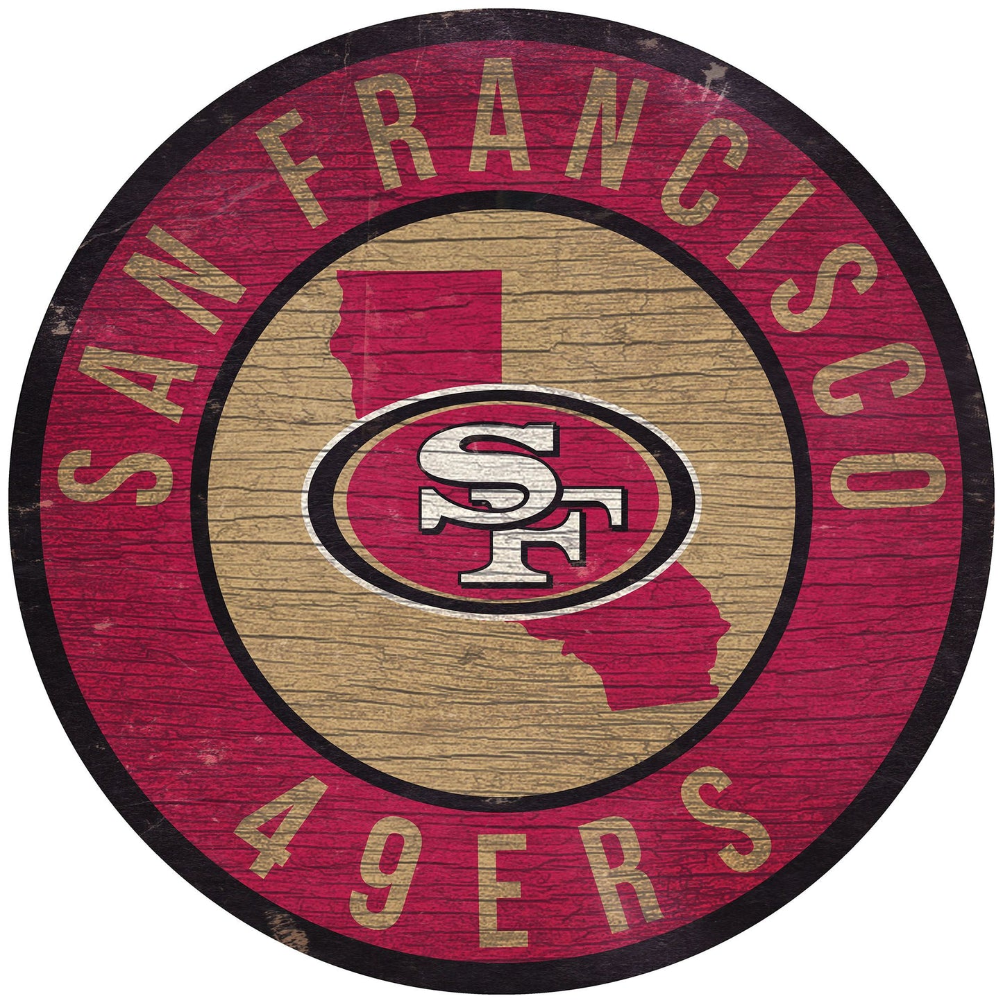 San Francisco 49ers distressed sign featuring team colors, graphics, and state outline in the background. Made in the USA.