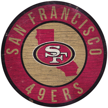 San Francisco 49ers distressed sign featuring team colors, graphics, and state outline in the background. Made in the USA.