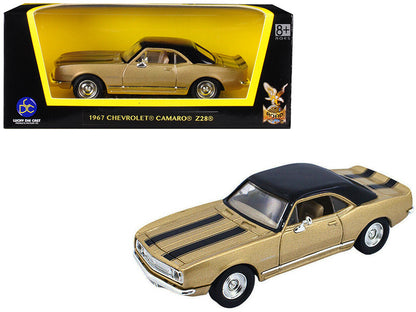 Road Signature 1967 Chevrolet Camaro Z-28 diecast model car. Gold with Black Stripes and Black Top. Real rubber tires. Detailed interior and exterior. 1/43 scale. Brand new in box."
