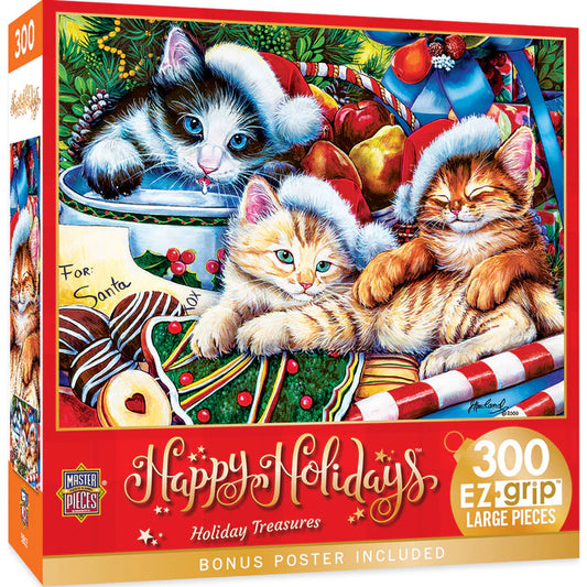 "Holiday Treasures Puzzle: 300 EZ Grip pieces, 18" x 24". Jenny Newland's festive art by Masterpieces for joyful holiday traditions!"