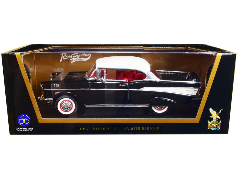 Road Signature 1957 Chevrolet Bel Air Hardtop Black with White Top and Red Interior, 1/18 diecast model car.