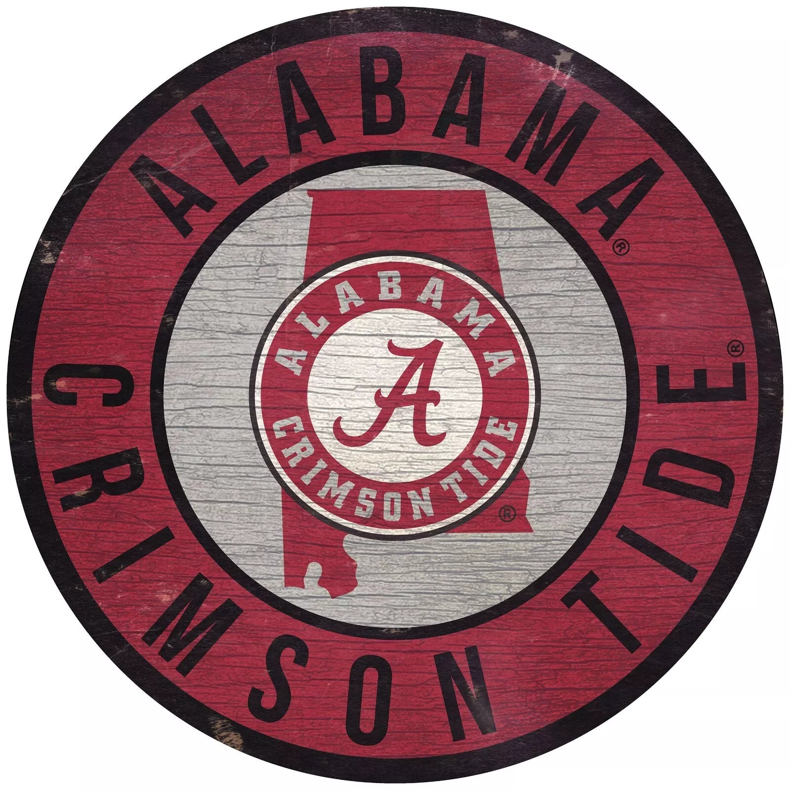 Proudly crafted in the USA: Alabama Crimson Tide 12" Round Wooden Sign with state design. Authentic team colors and graphics. Officially licensed.