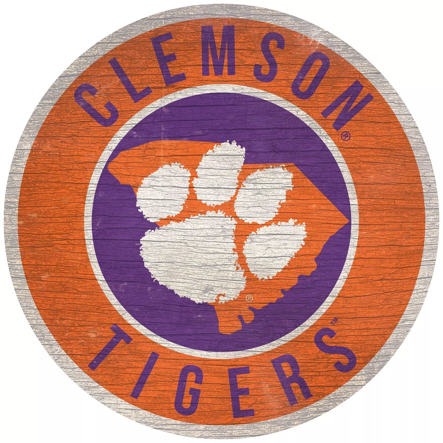 Clemson Tigers 12" Round Distressed Wooden Sign with State by Fan Creations