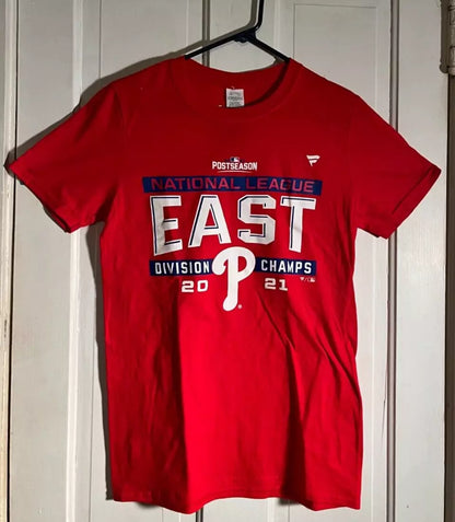 Philadelphia Phillies 2021 Champs T-shirt by Fanatics, size small, 100% cotton, featuring team colors and championship graphics.