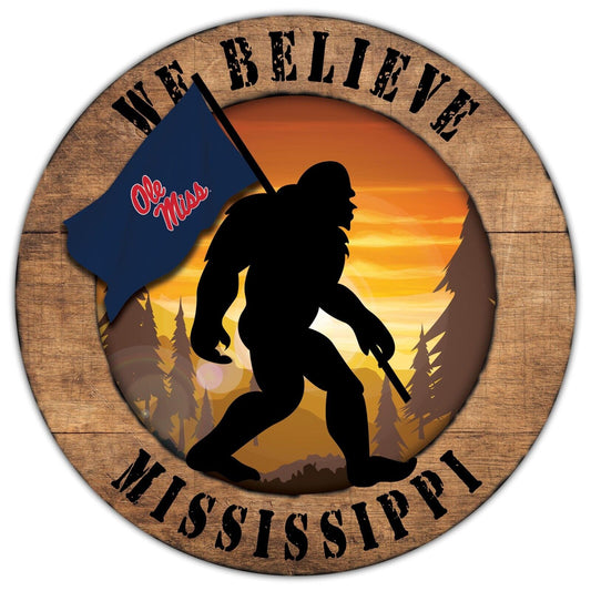 Mississippi {Ole Miss} Rebels We Believe Bigfoot 12" Round Wooden Sign by Fan Creations