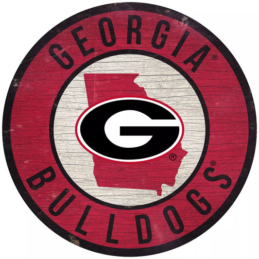 Georgia Bulldogs 12" Round Distressed Wooden Sign with State by Fan Creations