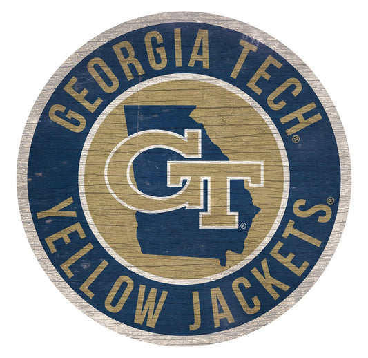 Georgia Tech Yellow Jackets 12" Round Distressed Wooden Sign with State by Fan Creations