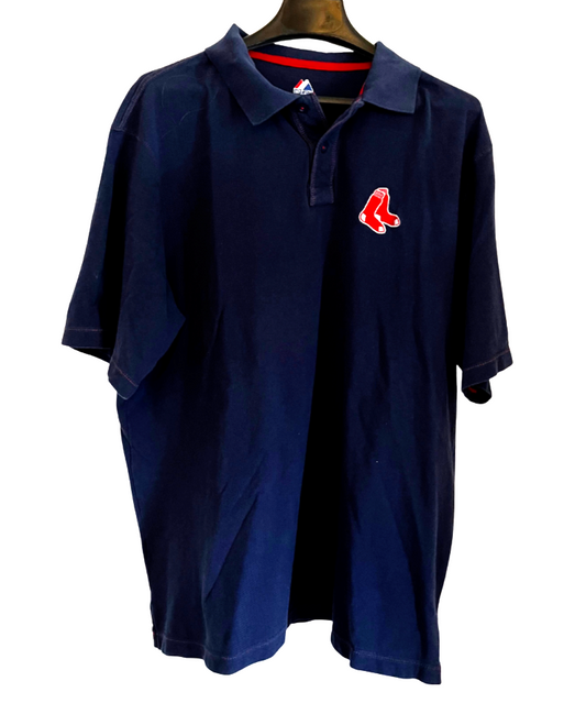 Preowned Boston Red Sox Embroidered Logo Short Sleeve Blue Polo Shirt by Majestic  - Size XL