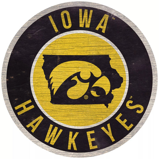 Iowa Hawkeyes 12" Round Distressed Wooden Sign with State by Fan Creations