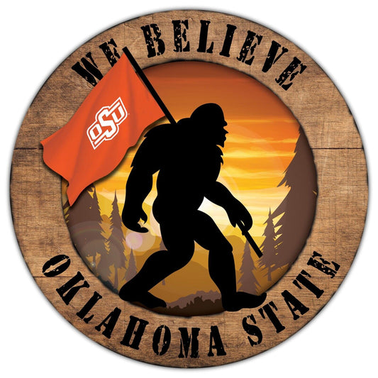 Oklahoma State Cowboys We Believe Bigfoot 12" Round Wooden Sign by Fan Creations