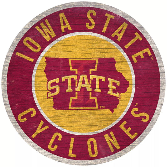Iowa State Cyclones 12" Round Distressed Wooden Sign with State by Fan Creations